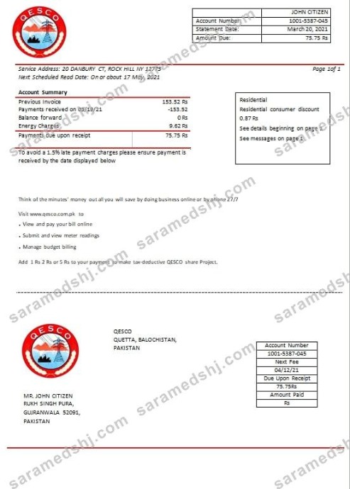 Pakistan Quetta Electric Supply Company electricity utility bill template in Word and PDF format